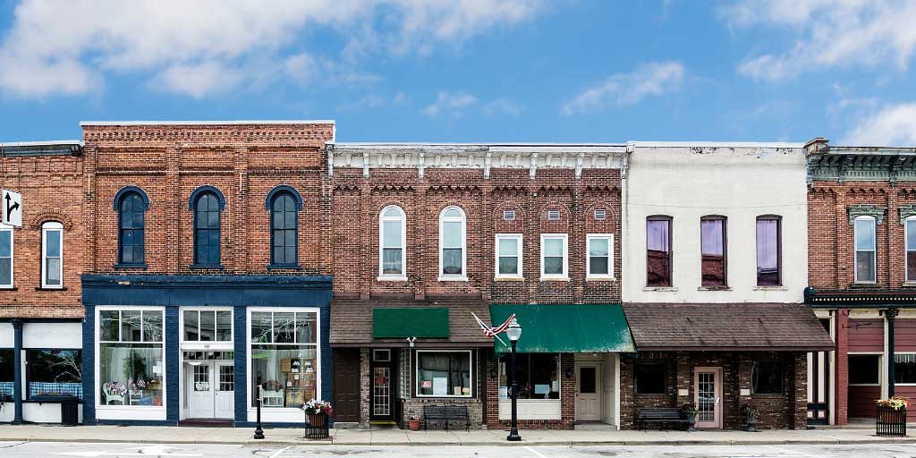 row of businesses downtown in a small town