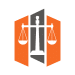 Law firm logo in orange and grey. Justice scale.