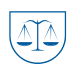 Justice scale icon in blue with half oval shape around it