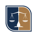 Justice scale icon in white with blue and gold background